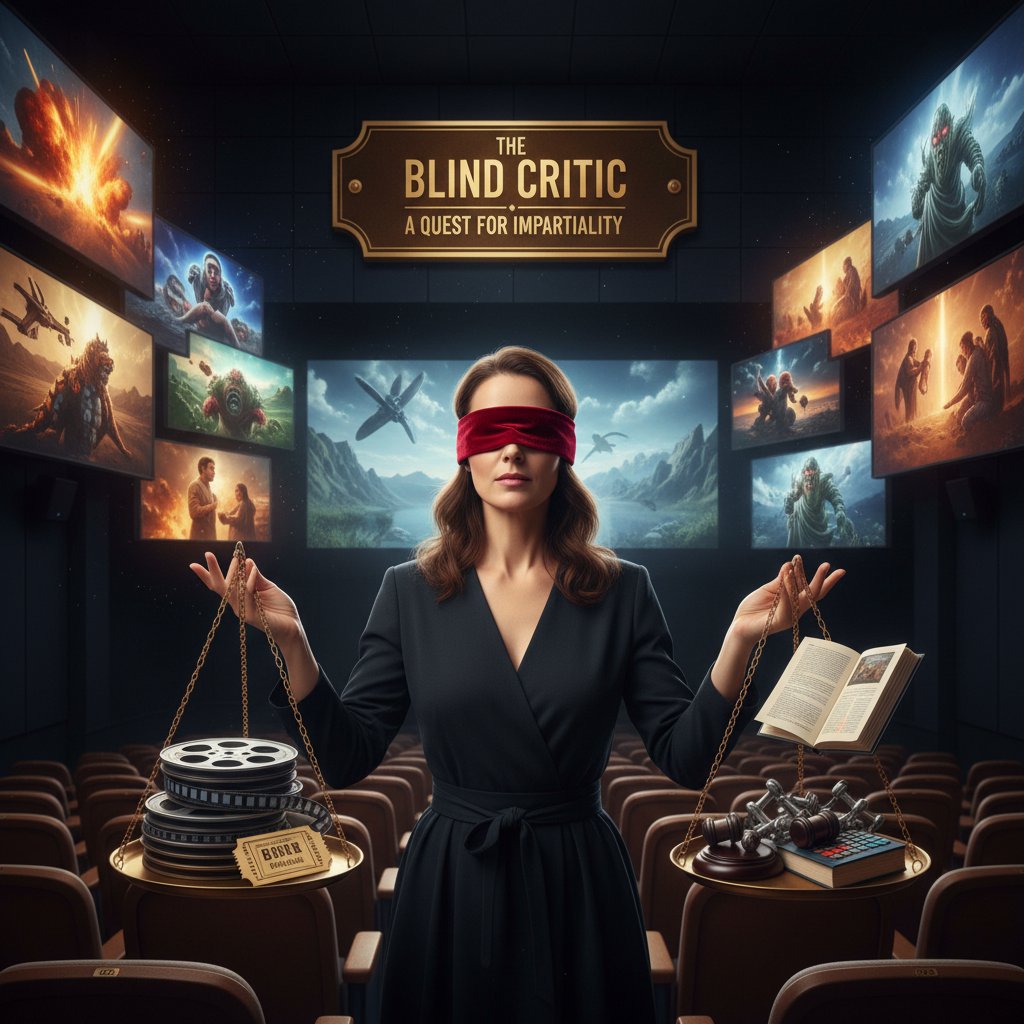 Photo of a movie critic with a blindfold, holding scales, symbolizing balancing objectivity with opinion in movie journalism