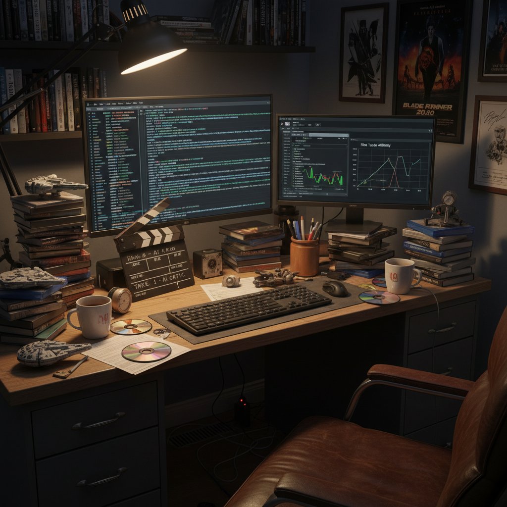 A movie critic’s desk reimagined with AI code, film notes, and diverse movie memorabilia