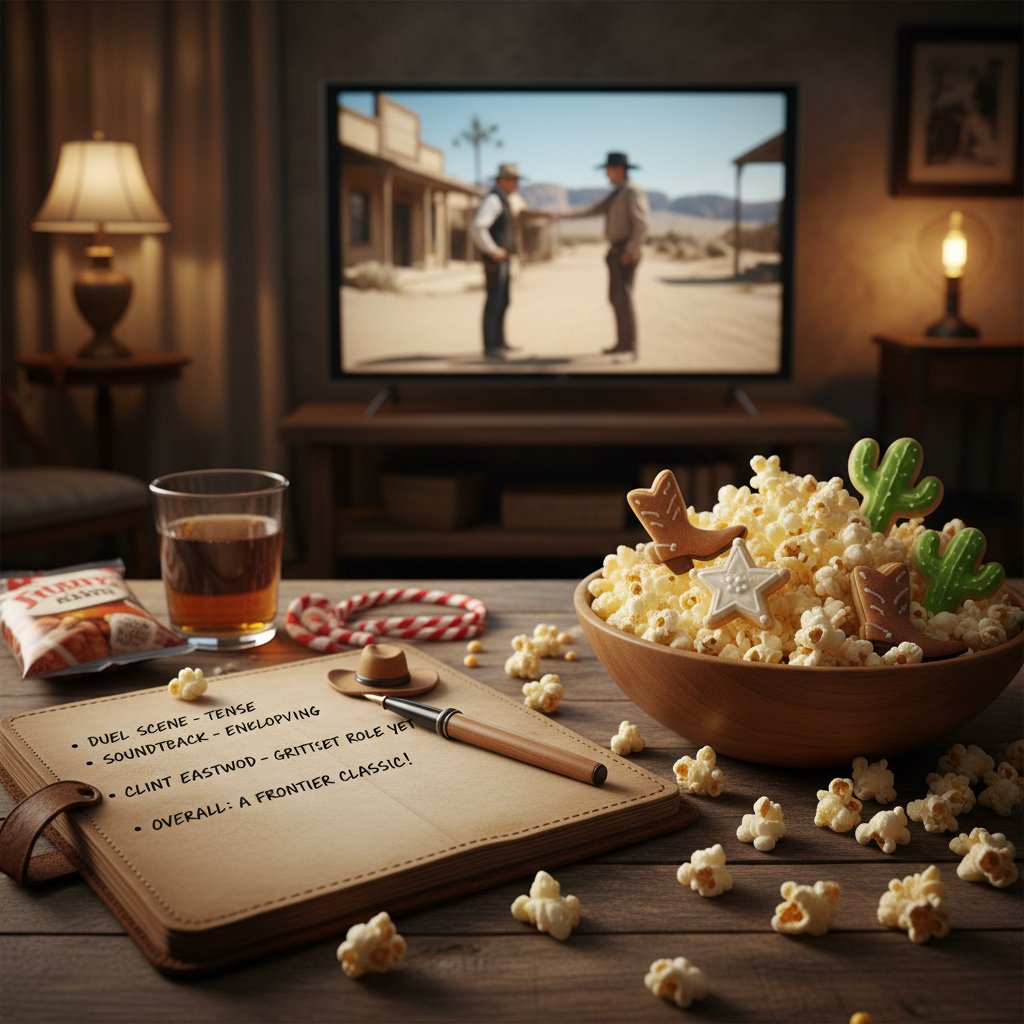 Evaluating western movies like a pro, movie critic’s notepad with scribbled notes and popcorn