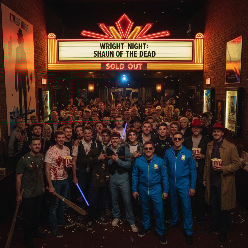 Crowd at midnight movie screening, fans in costume, edgar wright movies cultural phenomenon