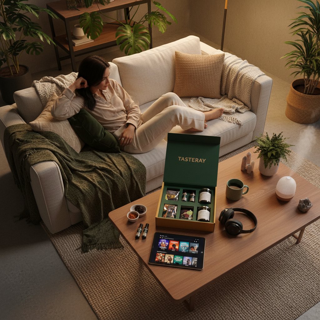 Young person browsing tasteray.com on a laptop, surrounded by movie posters and wellness items, symbolizing modern movie discovery