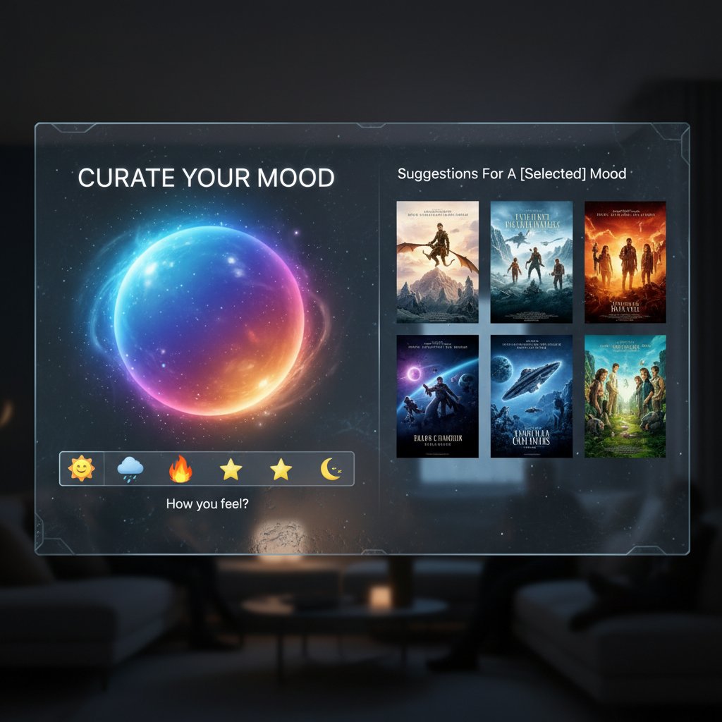 A group of friends discussing movie moods with a glowing tablet, keywords: movie-curation--mood-based-suggestions