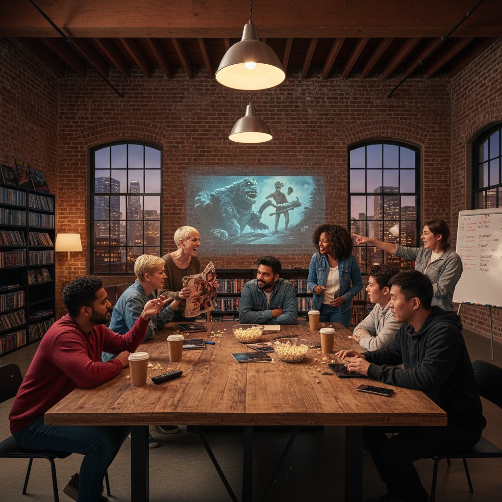 Diverse group debating political thriller movie, animated expressions