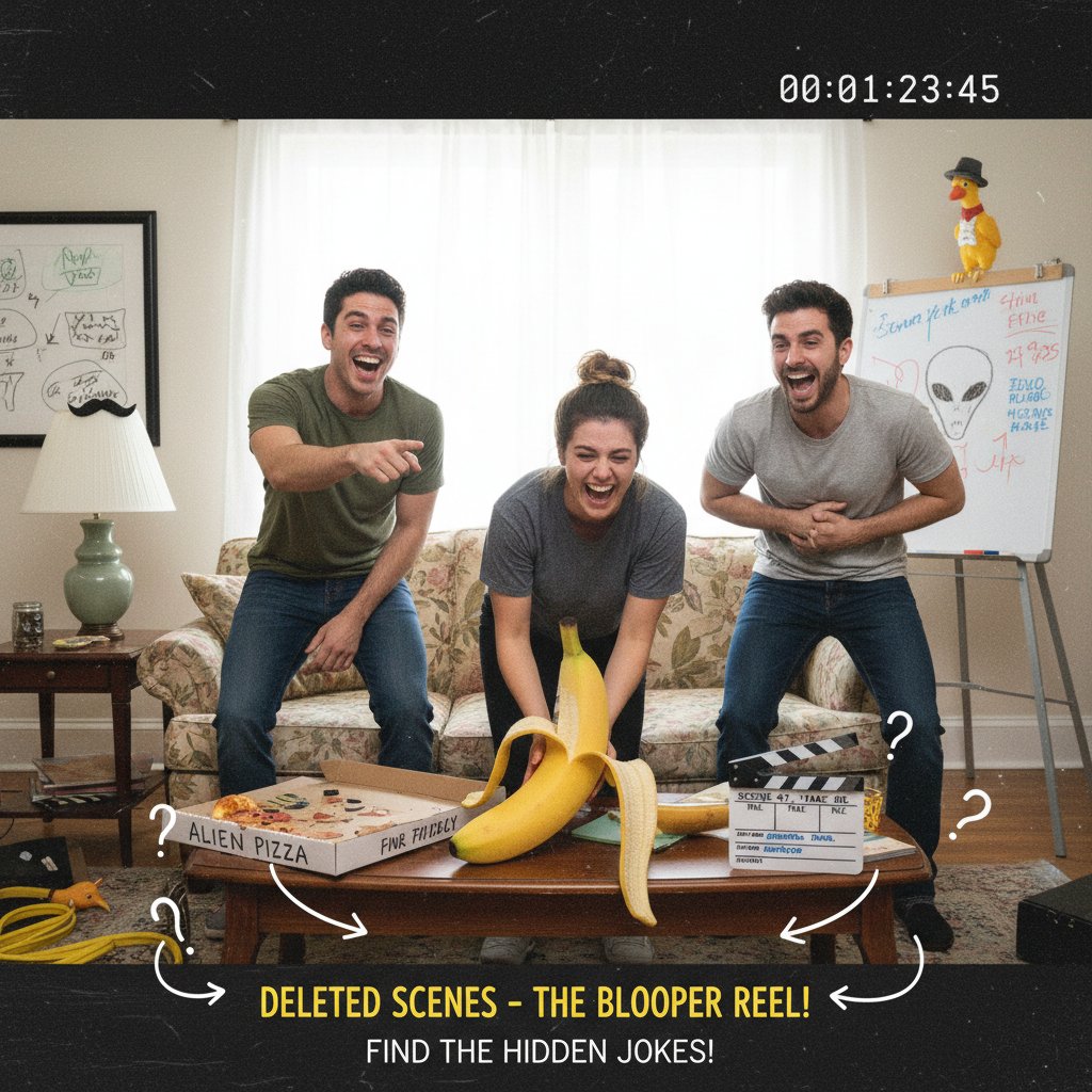 Group of friends laughing at a secret comedy scene reveal, movie deleted scenes comedy, surprised moviegoers, hidden jokes
