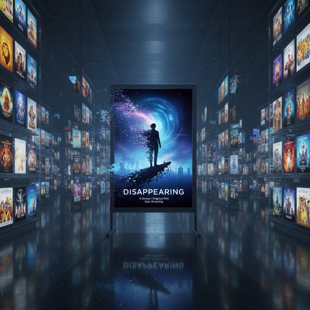 Movie disappearing from Disney Plus catalog, stylized with moody lighting.