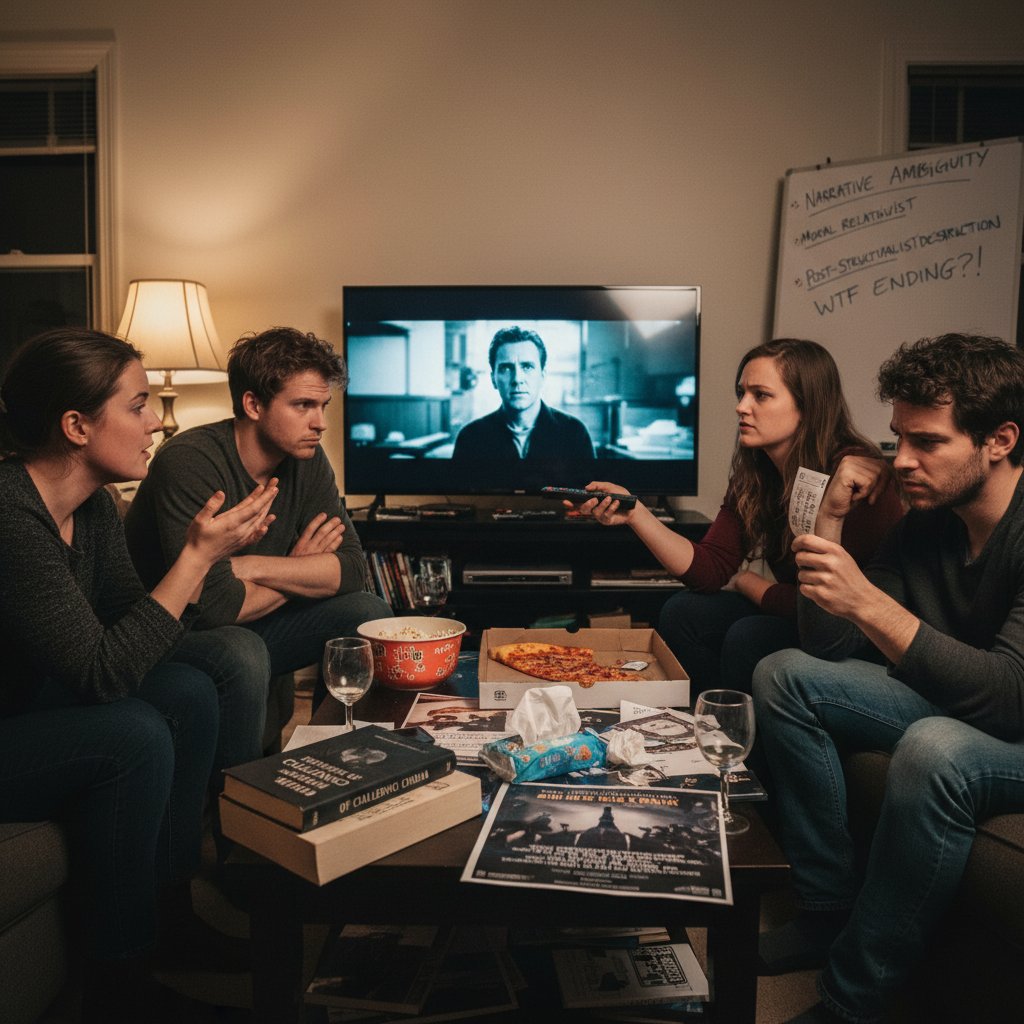 Audience in heated debate after a screening, lively discussion sparked by a challenging film