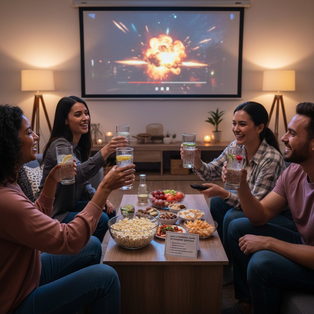 A person pouring water into a glass at a movie drinking game night, safety and moderation in focus