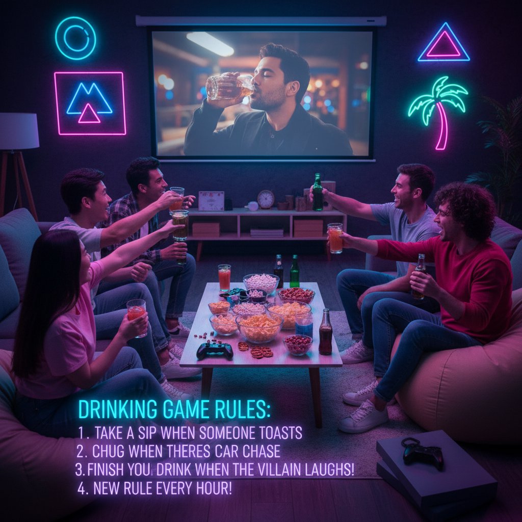A diverse group of friends laughing while playing movie drinking game movies, neon lights and snacks visible