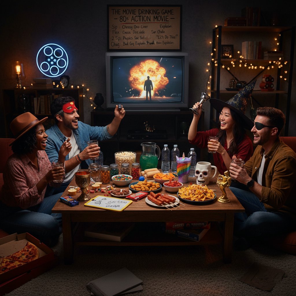 A table filled with movie snacks, props, and custom drinking game cards, group of friends strategizing