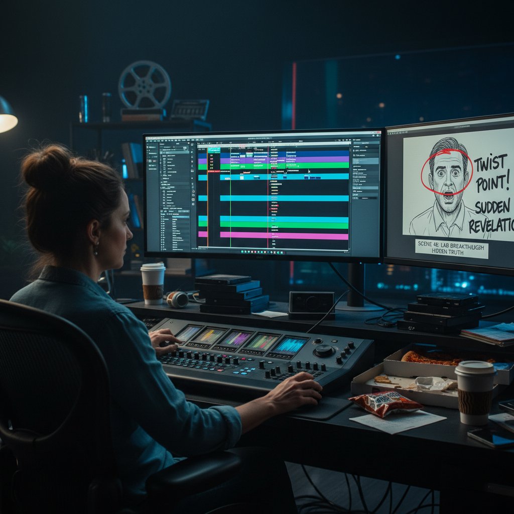 Movie editor in dark suite, storyboard with plot twist highlights, intense editing process for movie twist upon twist films