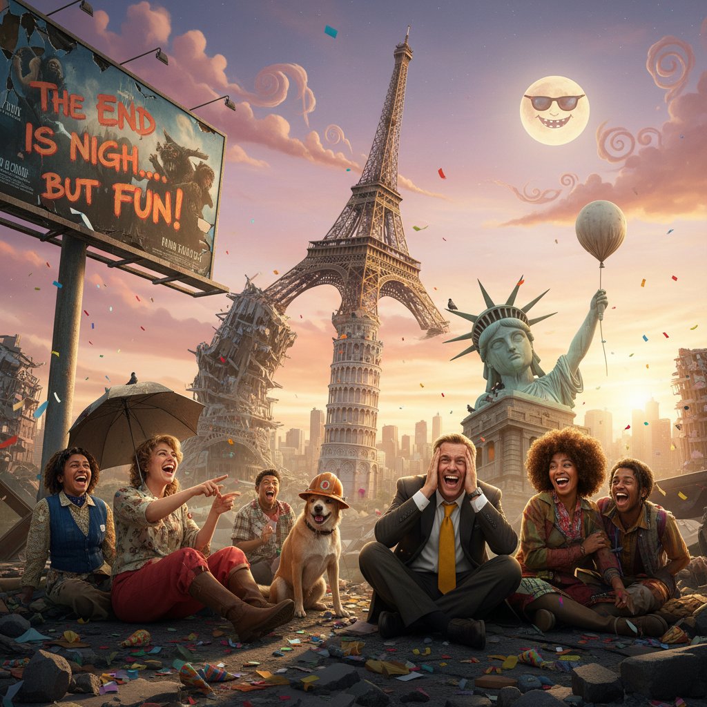 Colorful montage of iconic scenes from end-of-world comedies, surreal city ruins, characters laughing, movie end world comedy movies