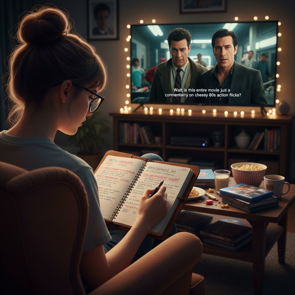 Photo of a movie enthusiast taking notes while watching a comedy, illustrating the analytical approach to meta humor