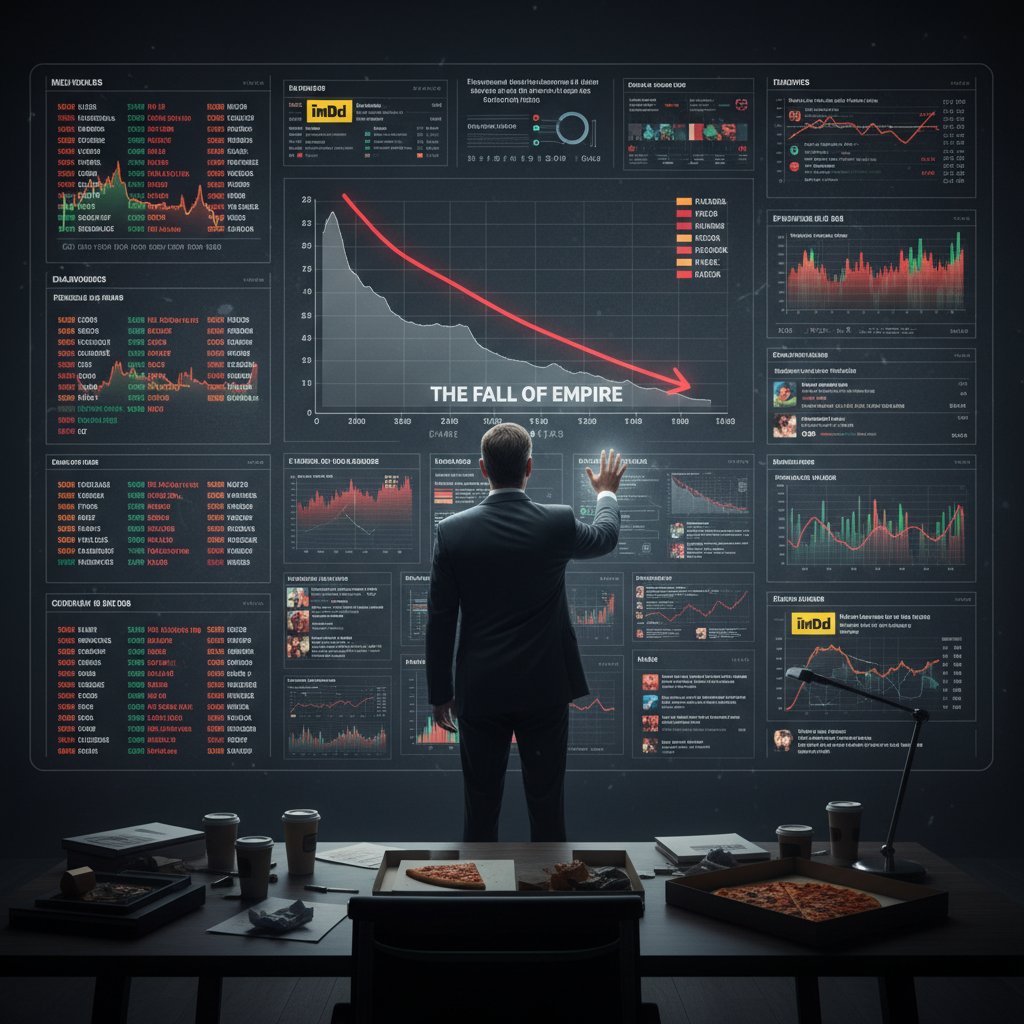 Editorial photo: a movie executive staring at a wall of IMDb charts, dramatic lighting, focus on tension