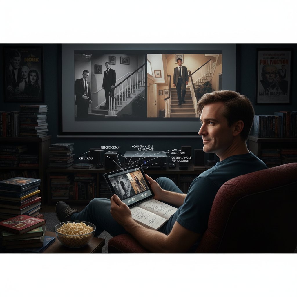 Movie fan analyzing homage scenes, cinematic detective at work