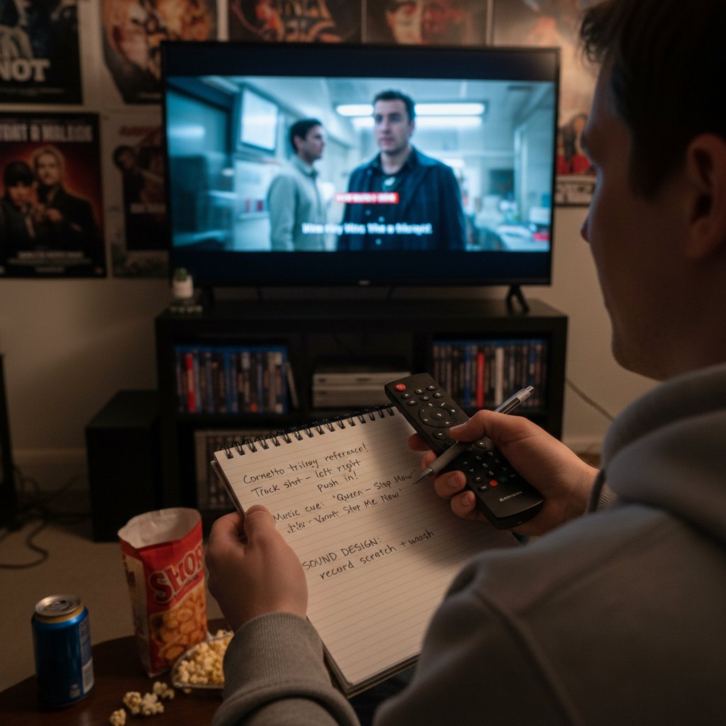 Movie fan pausing scene, notepad, movie details, engaged edgar wright viewer