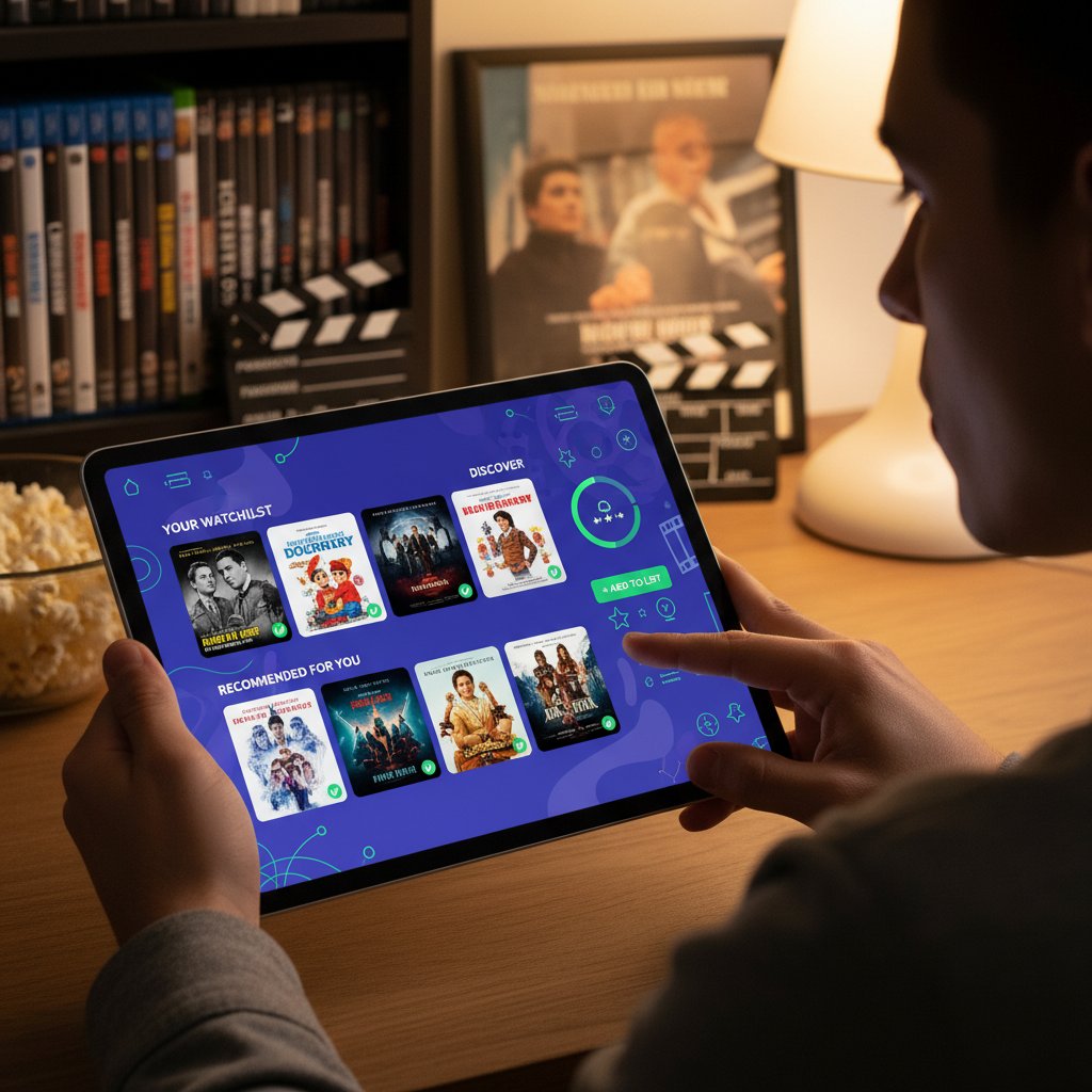 Movie fan updating a personalized watchlist app with diverse films
