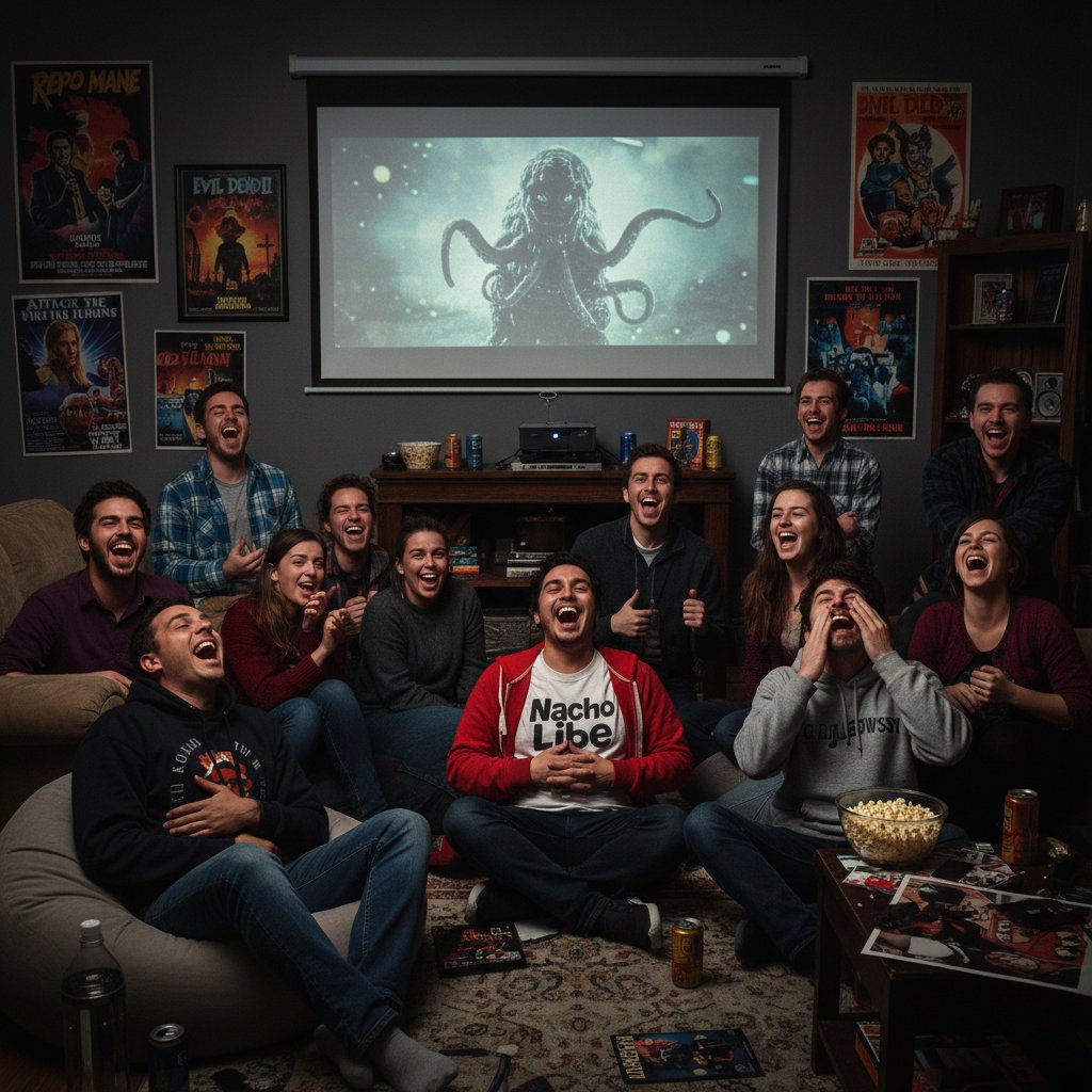 Group of diverse movie fans in a living room, watching and laughing at a cult movie