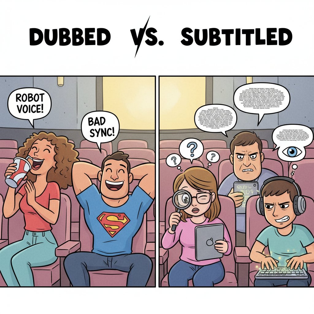 Movie fans with different reactions to dubbed vs. subtitled movies, playful illustration of diverse reactions