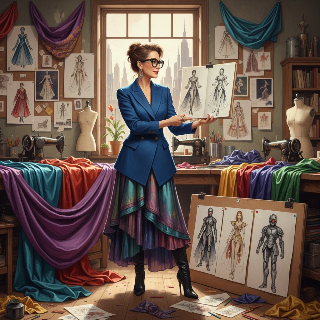 A fashion designer adjusting a costume on a mannequin, surrounded by colorful fabrics and sketches