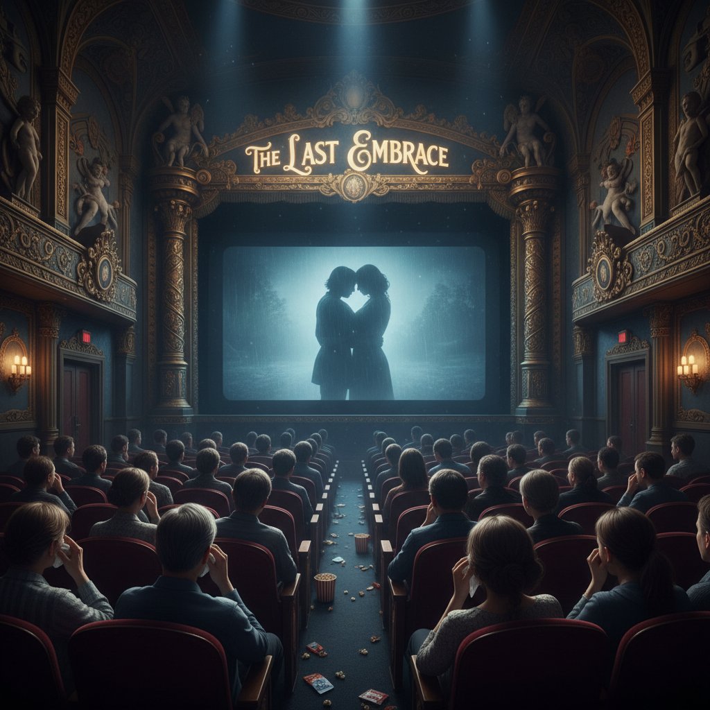 Diverse group of people deeply moved, some in tears, watching a dramatic movie in a dark theater