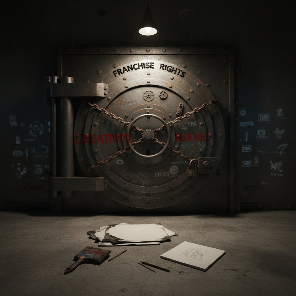 Creative artist locked out of film vault, symbolizing the chilling effect of franchise rights disputes
