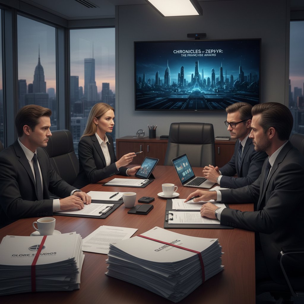 Boardroom negotiation with intense expressions, papers and legal documents, representing franchise rights contracts