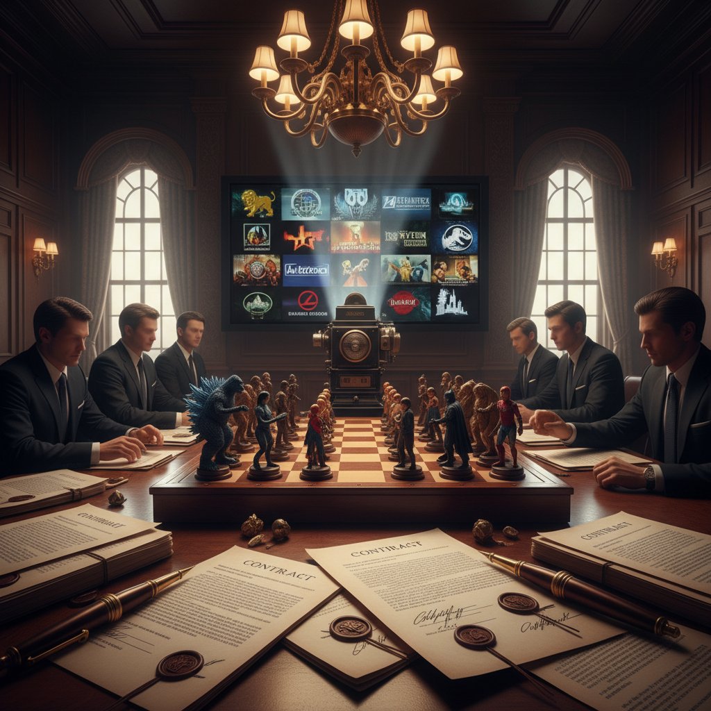 Dramatic boardroom scene with iconic movie characters as chess pieces, contracts and film reels on table, representing movie franchise rights