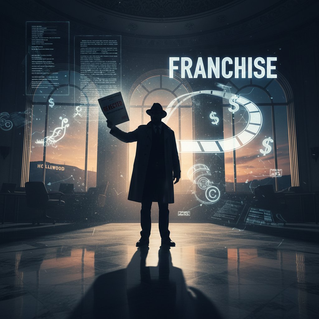 Moody image of filmmaker in shadow, surrounded by scripts stamped 'Rejected', symbolizing lost originality in Hollywood