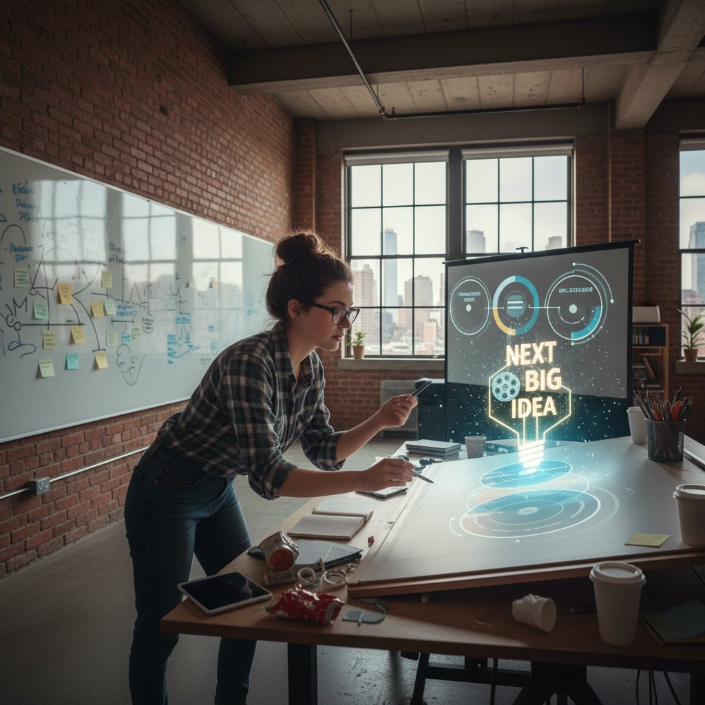 Atmospheric photo of indie filmmakers in a modern loft, brainstorming the next big franchise, symbolizing a new era in movie rights
