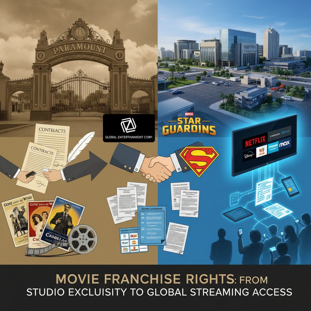 Vintage to modern Hollywood studio lots, contrasting old era and the streaming age, illustrating evolution of rights