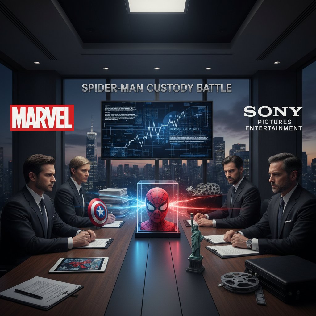 Actors in Spider-Man costumes, lawyers in background, symbolizing the tug-of-war over franchise rights