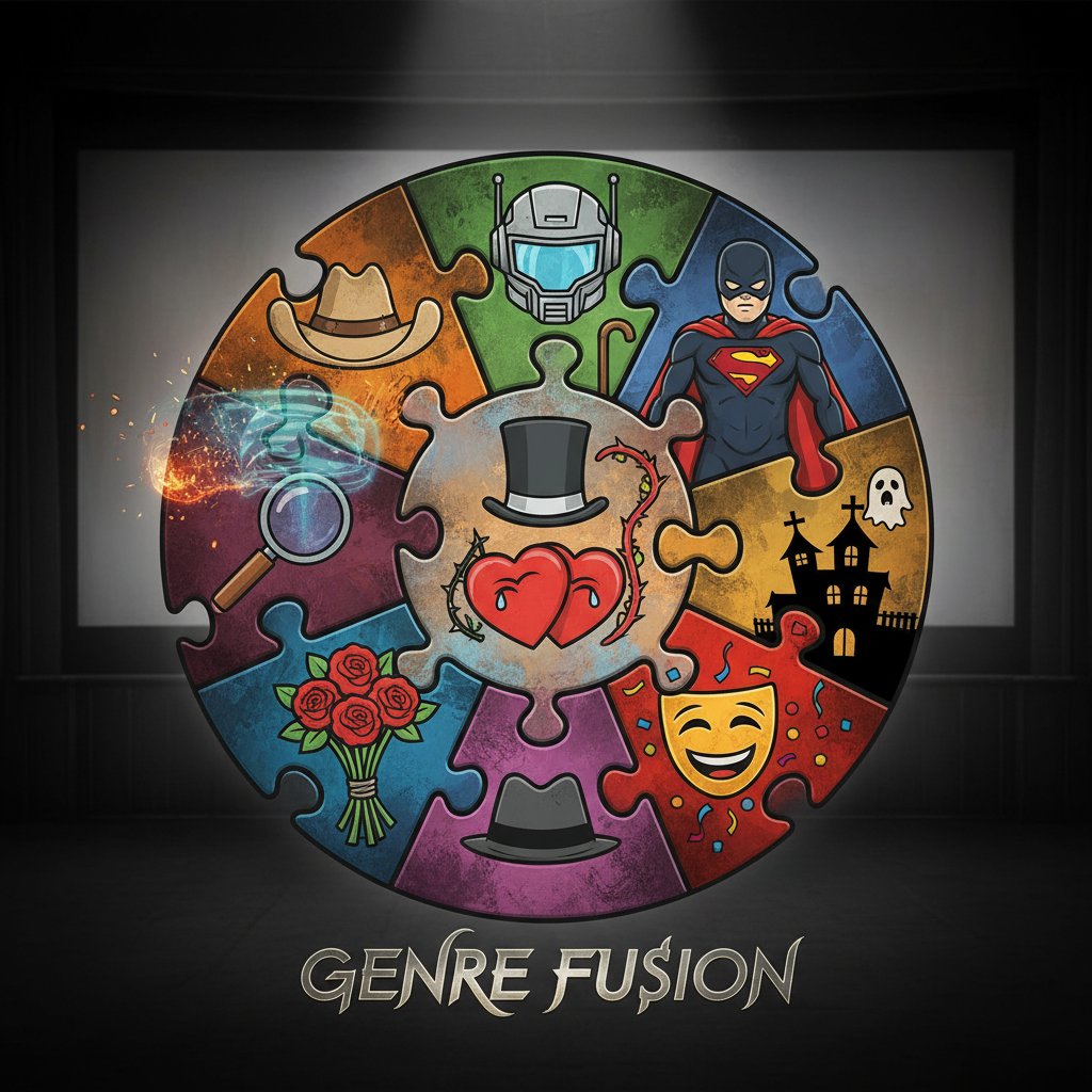 Playful photo of colorful movie genre icons as puzzle pieces fitting together, symbolizing genre mixing