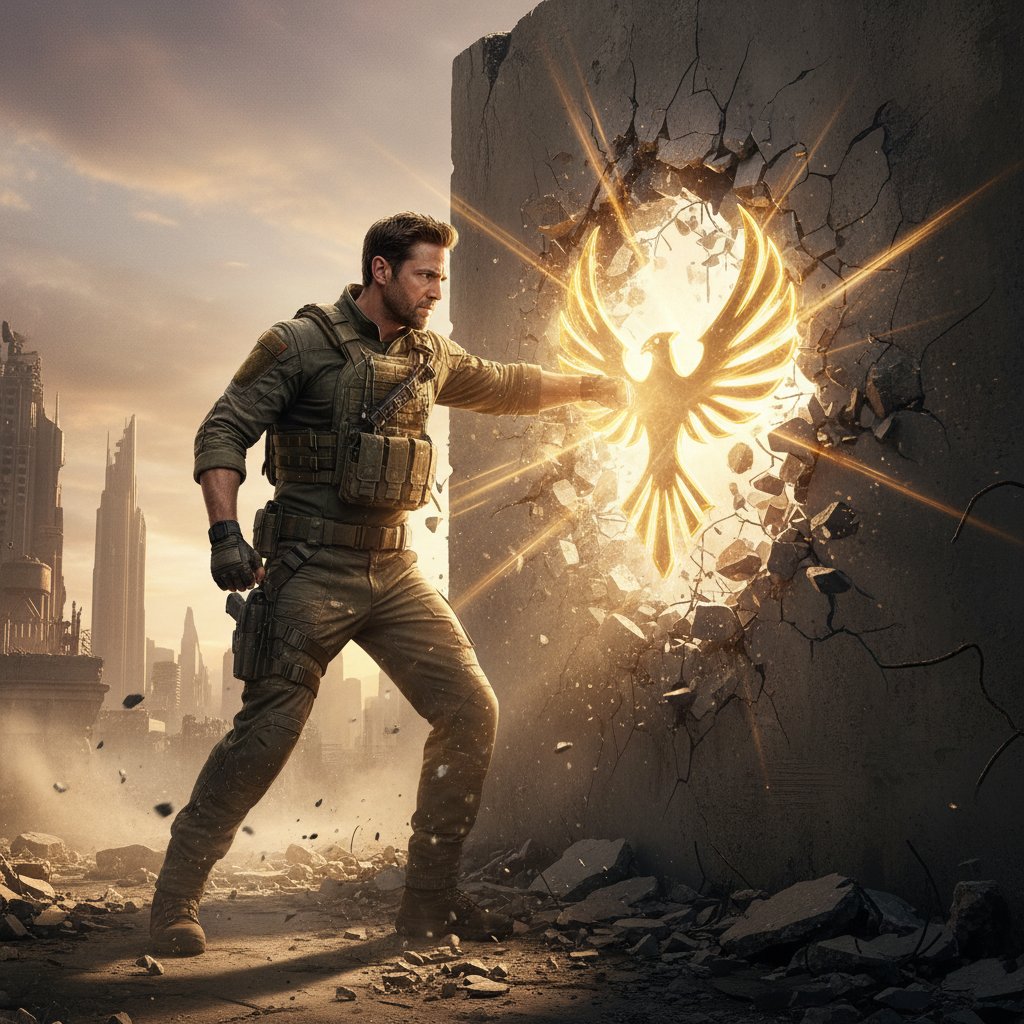 Stylized photo of movie hero silhouette breaking through a wall, symbolizing the redefinition of the leading man in Hollywood and Krasinski’s influence