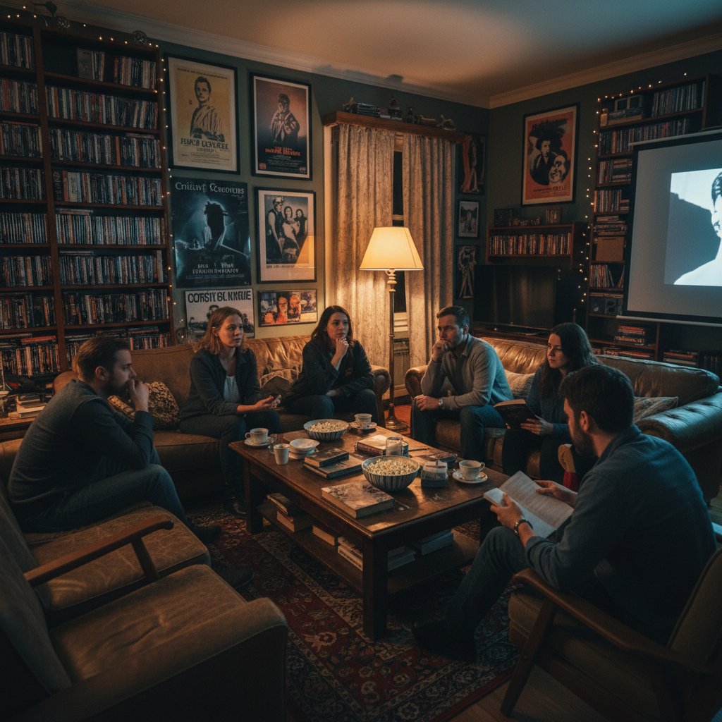 Movie lovers sharing thoughts on challenging films, group of friends in lively discussion around laptop