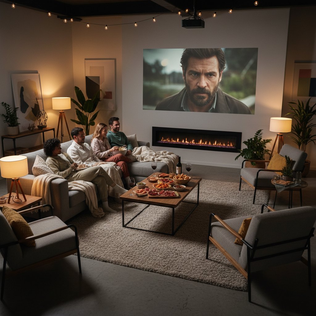 Friends enjoying a Javier Bardem movie marathon at home