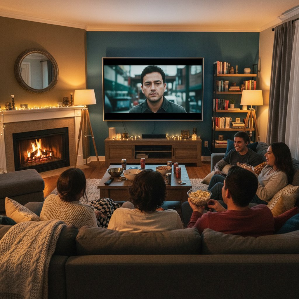 Cinematic movie marathon at home, friends watching Diego Luna films, cozy lighting