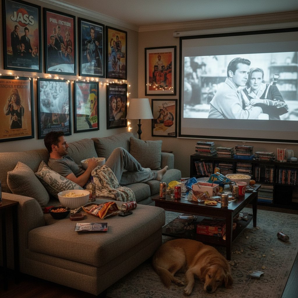 Playful living room photo with movie posters, popcorn, and friends—ideal for a John Krasinski film marathon