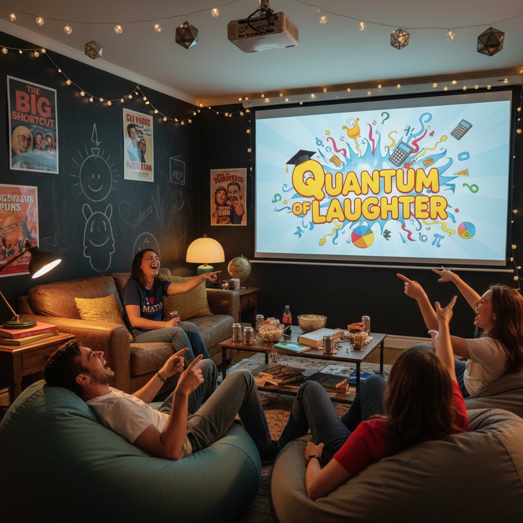 Group of friends at a movie night with math comedy theme