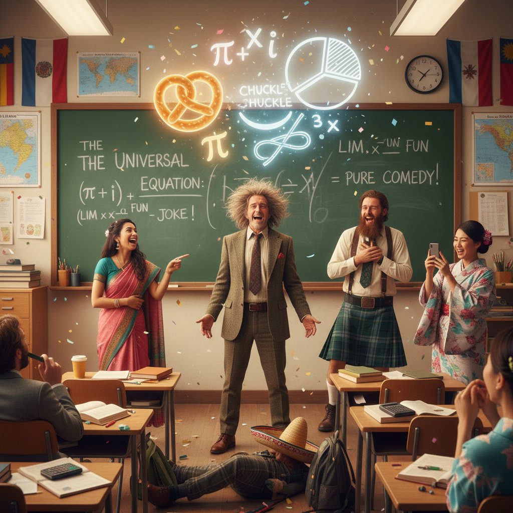 Diverse students laughing over math formulas in a global classroom scene