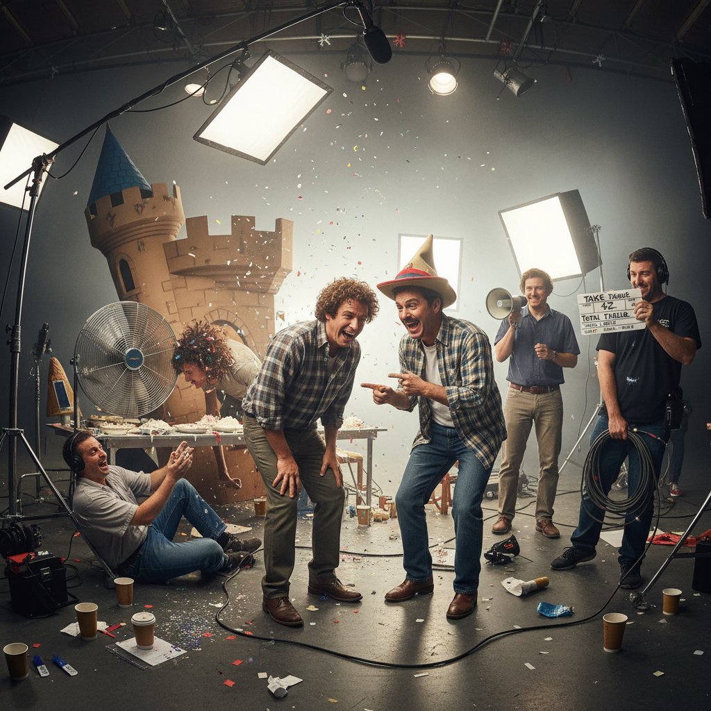 Movie mistakes comedy: actors laughing on chaotic film set with camera crew in background
