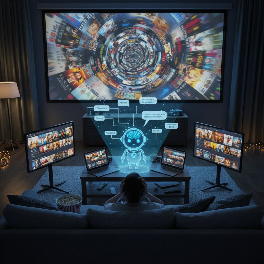 Friends staring at TV overwhelmed by streaming choices in a moody living room, AI hologram in the center
