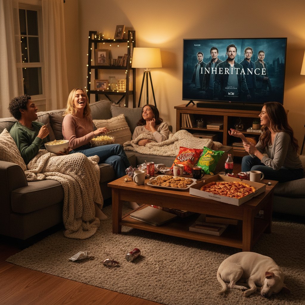 Group of movie lovers preparing snacks in a cozy home theater for an inheritance movie marathon