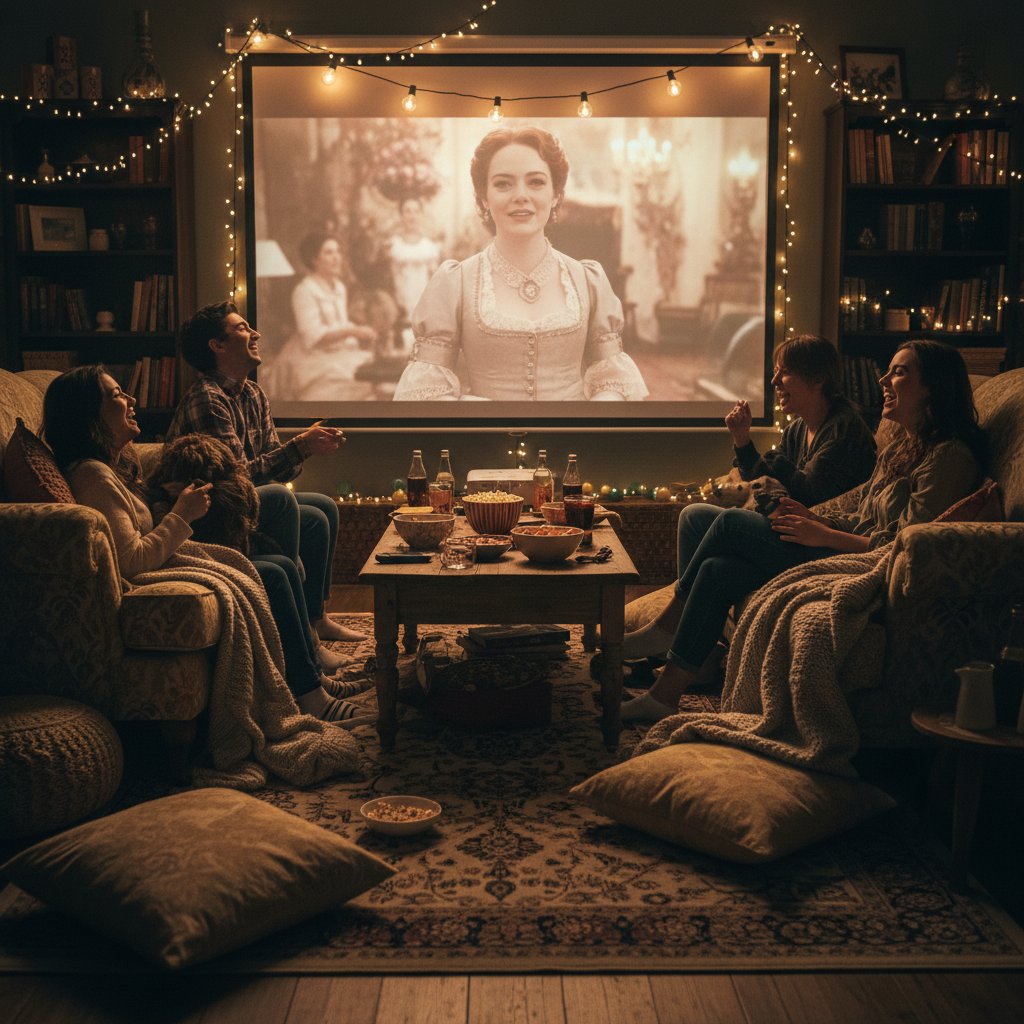 Movie night scene, group of friends watching films like Emma Stone’s
