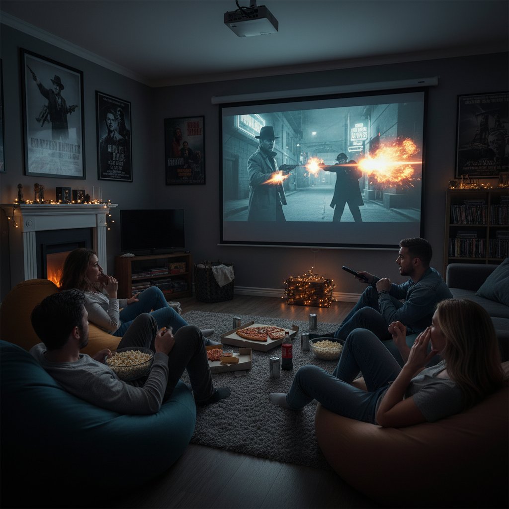 Hard boiled movie night with friends, dimly lit room, popcorn flying, group watching gritty action