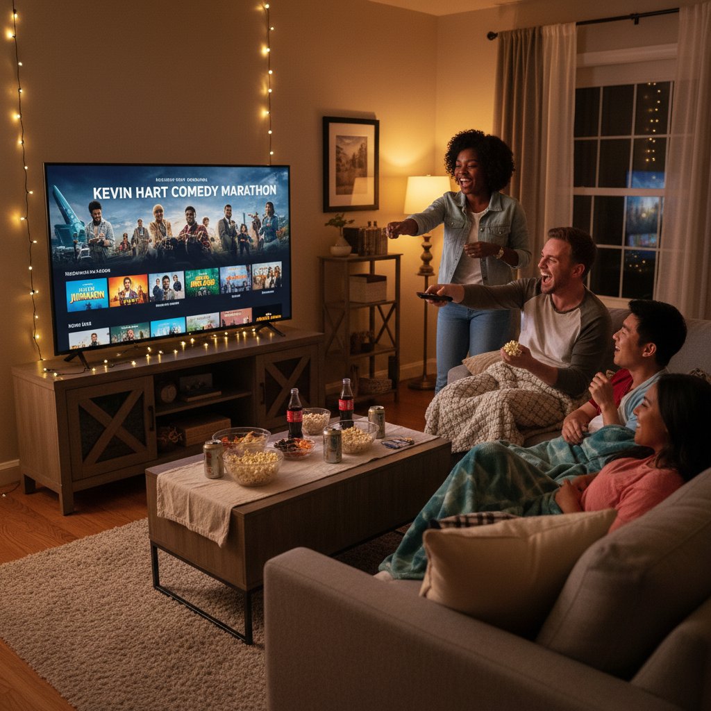 Group of friends hosting a lively movie marathon night streaming kevin hart classics