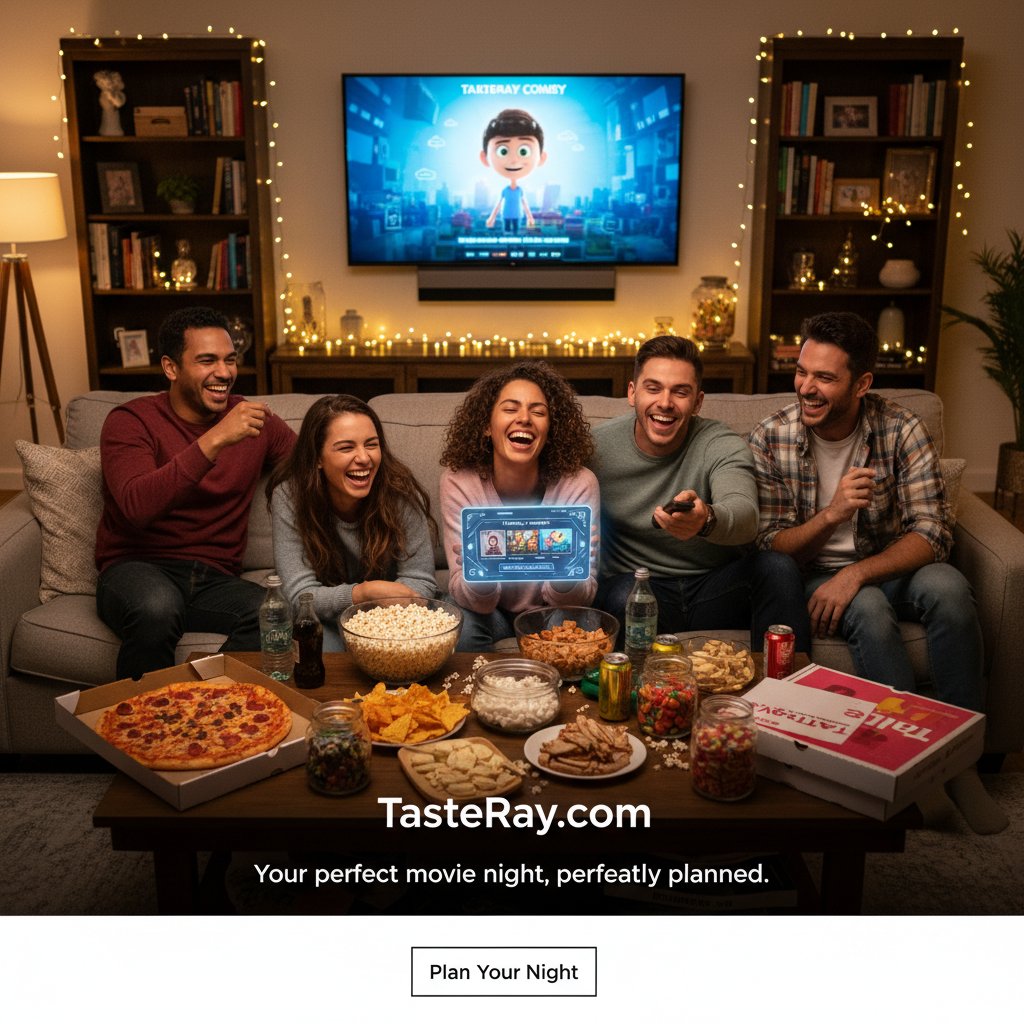 Modern movie night setup: friends with devices, snacks, and a screen showing comedy recommendations, representing a personalized comedy journey