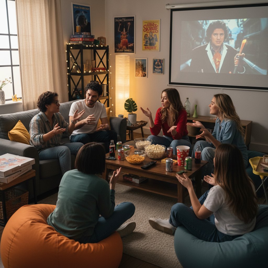 Photo of a small group debating and discussing movie choices together, representing collaborative movie selection habits