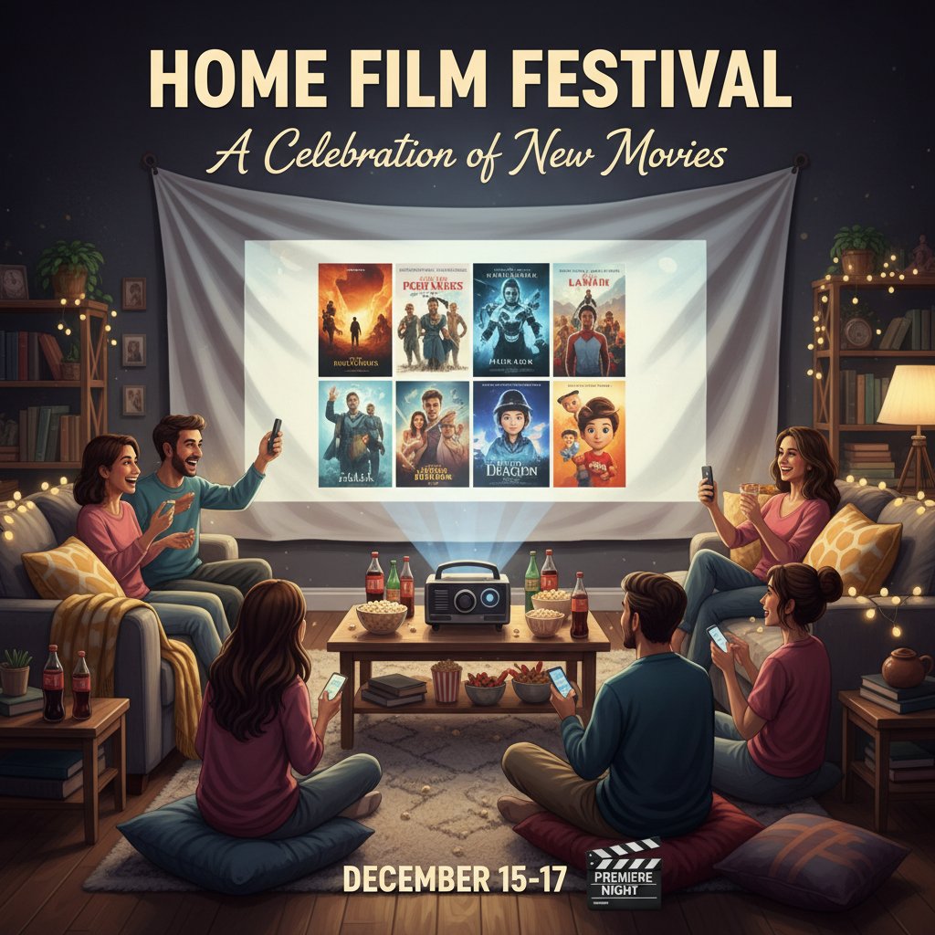 Friends gathered for a home movie marathon, snacks and drinks, projector screen, keywords: movie night, home film festival, new movies