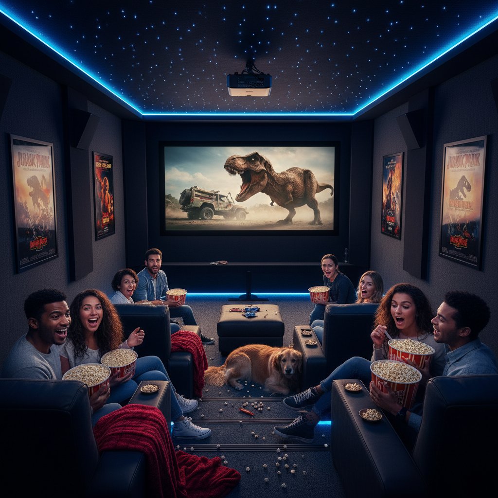 Movie night group watching Jurassic Park movies in a dark home theater, popcorn, mood lighting, excited faces