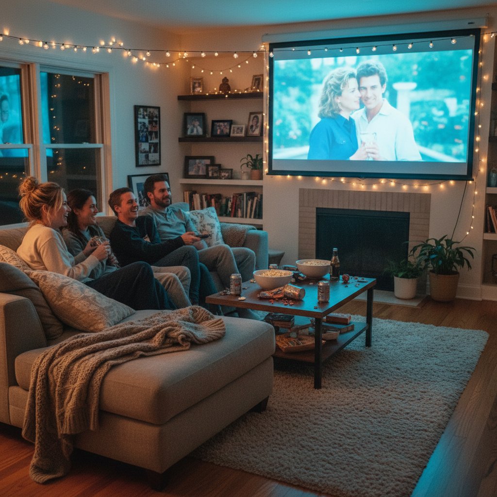 Movie night at home with Kate Hudson on screen, cozy setting, friends watching together